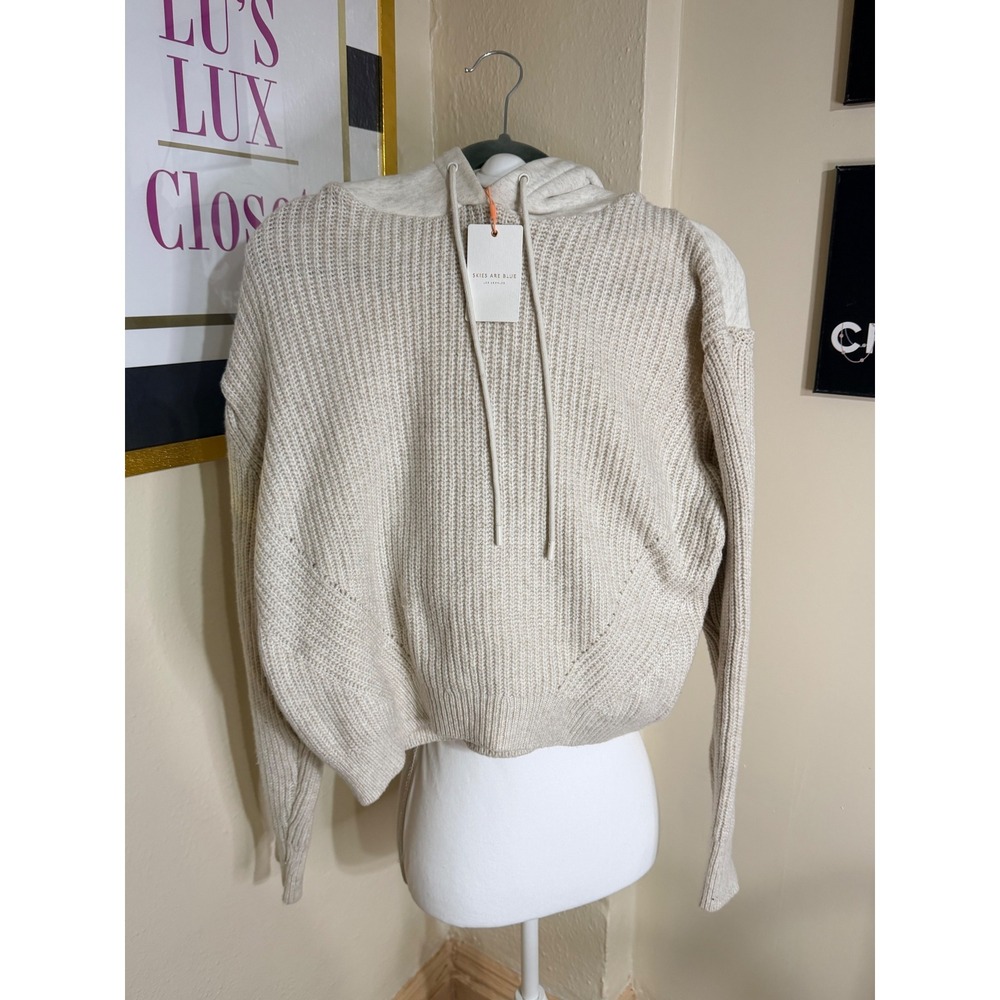 Skies Are Blue Cream Mixed‎ Media Ribbed Knit Pullover Hoodie Sweater Small NWT
